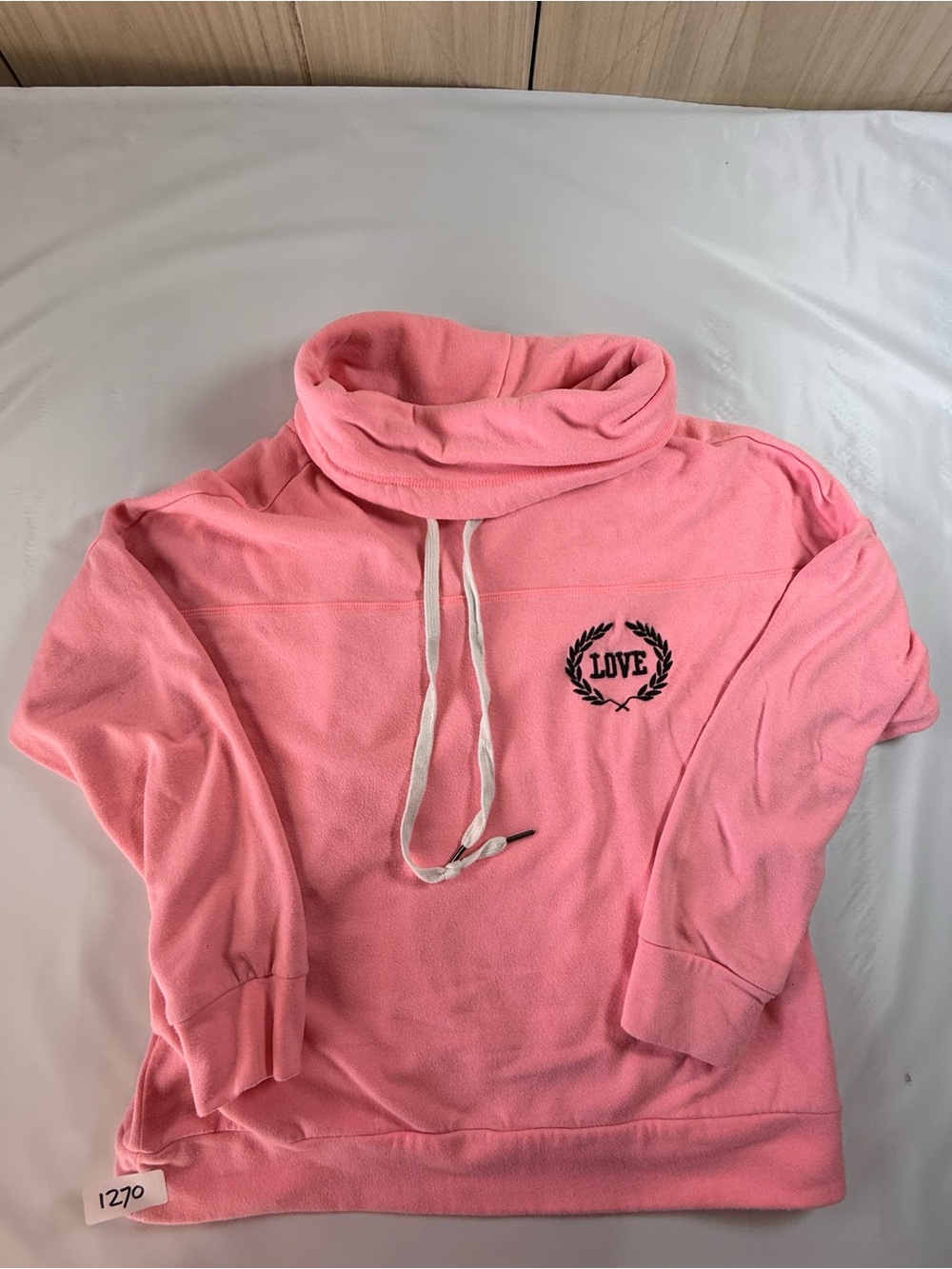 Modern 2010s Y2K Style Pink Cowl Neck "LOVE" Graphic Sweatshirt Size XL